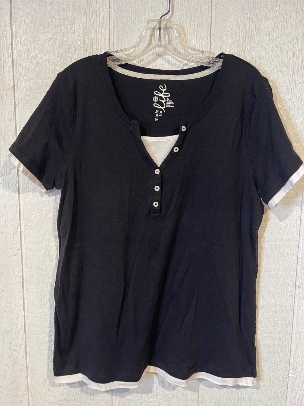 made for life Black Short-Sleeve Henley Top with White Trim